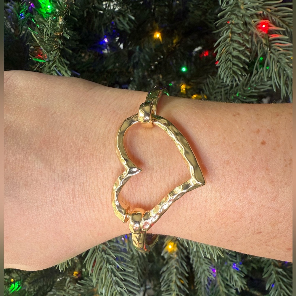 Textured Gold-Toned Heart Bracelet Hinged Bangle Statement Vintage Inspired